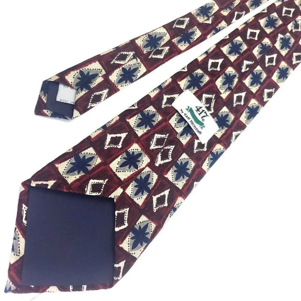 Van Heusen 417 Red Beige Silk Tie‎ Woven Geometric Wide